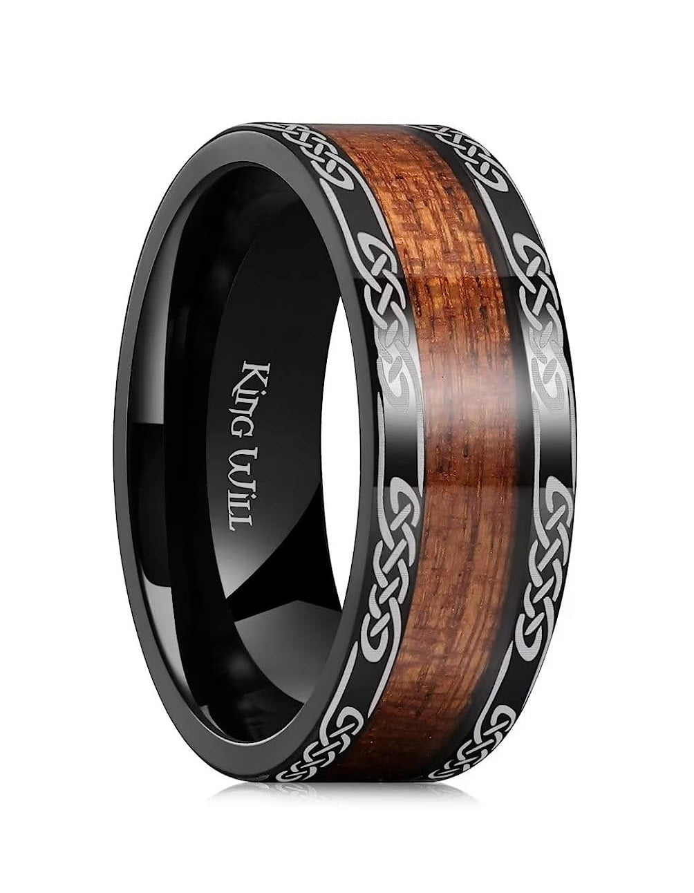 Genuine Titanium 8mm Black Titanium Ring Koa Wood Inlay Celtic Knot Laser Wedding Ring High Polished for Women Men Comfort Fit.