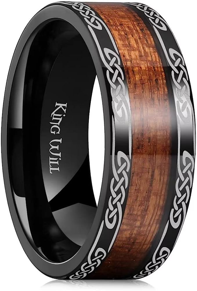 Genuine Titanium 8mm Black Titanium Ring Koa Wood Inlay Celtic Knot Laser Wedding Ring High Polished for Women Men Comfort Fit.