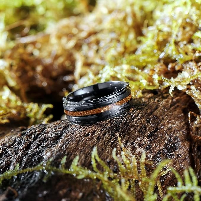 Genuine Titanium Silver 8mm Ring Black Koa Wood inlay Perfect Combination. High Polished Comfort Fit