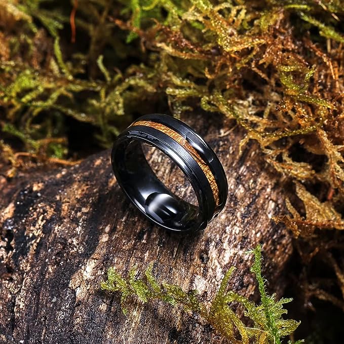 Genuine Titanium Silver 8mm Ring Black Koa Wood inlay Perfect Combination. High Polished Comfort Fit