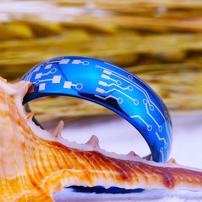 Genuine Carbide Tungsten Color: Blue 8mm Computer Circuit Pattern Ring Blue inner high polished inner-face design smooth and shiny. Comfort Fit Wedding Band Size 6-15