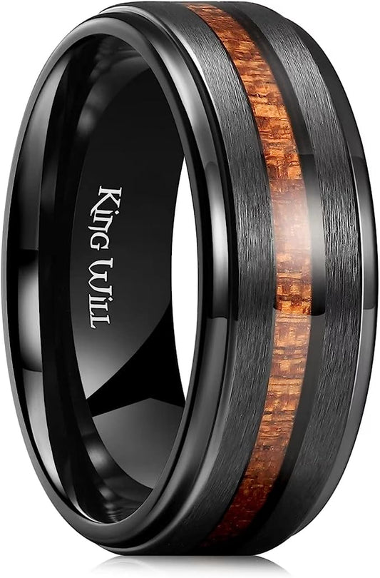 Genuine Titanium Silver 8mm Ring Black Koa Wood inlay Perfect Combination. High Polished Comfort Fit