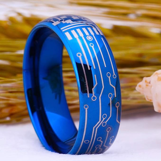 Genuine Carbide Tungsten Color: Blue 8mm Computer Circuit Pattern Ring Blue inner high polished inner-face design smooth and shiny. Comfort Fit Wedding Band Size 6-15