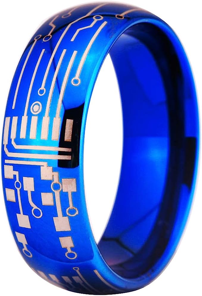 Genuine Carbide Tungsten Color: Blue 8mm Computer Circuit Pattern Ring Blue inner high polished inner-face design smooth and shiny. Comfort Fit Wedding Band Size 6-15