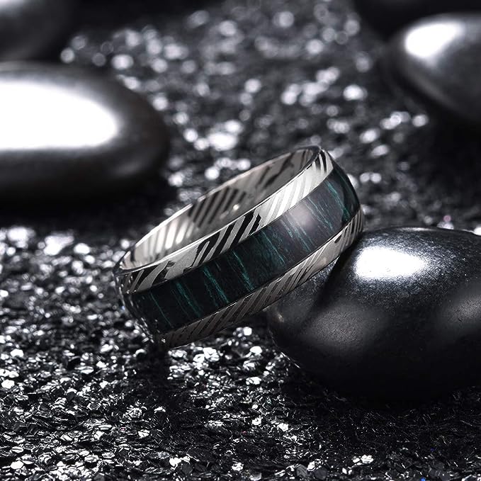 Genuine Titanium Silver 8mm Ring Titanium Rings Polish Comfort Fit Damascus texture, Special green wood inlaid, unique and beautiful