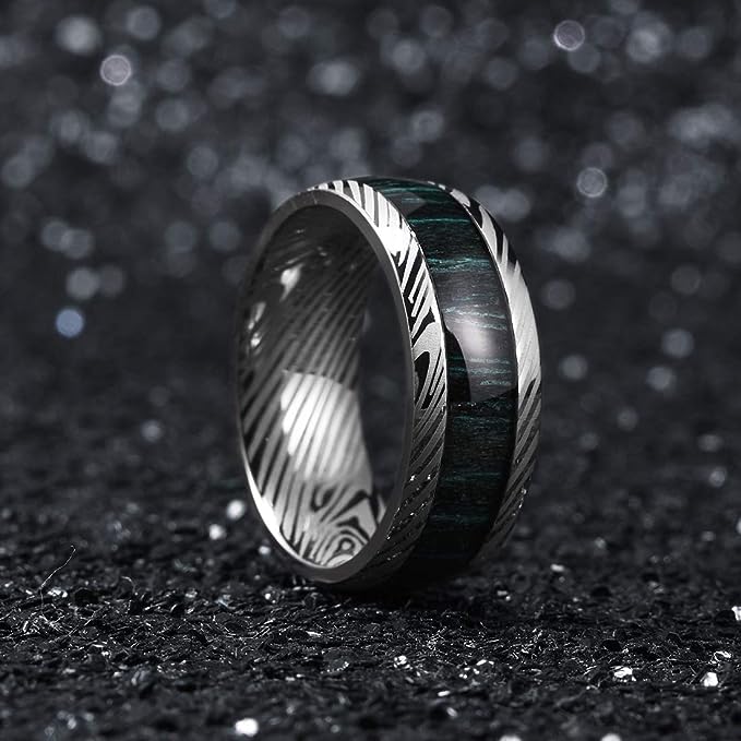 Genuine Titanium Silver 8mm Ring Titanium Rings Polish Comfort Fit Damascus texture, Special green wood inlaid, unique and beautiful