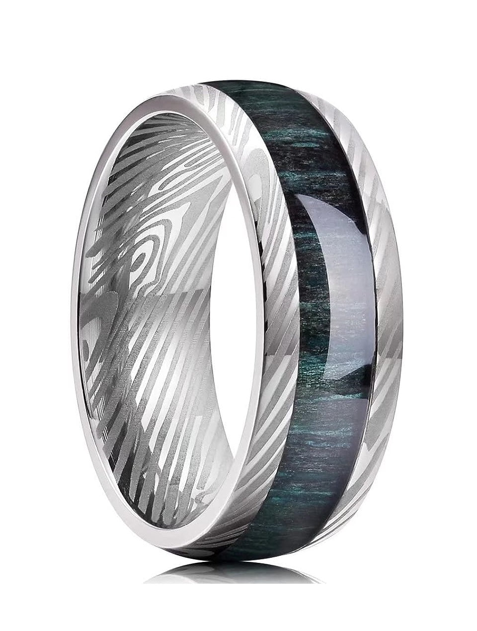 Genuine Titanium Silver 8mm Ring Titanium Rings Polish Comfort Fit Damascus texture, Special green wood inlaid, unique and beautiful