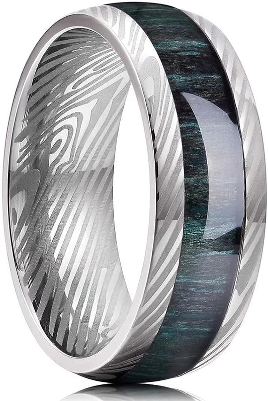 Genuine Titanium Silver 8mm Ring Titanium Rings Polish Comfort Fit Damascus texture, Special green wood inlaid, unique and beautiful