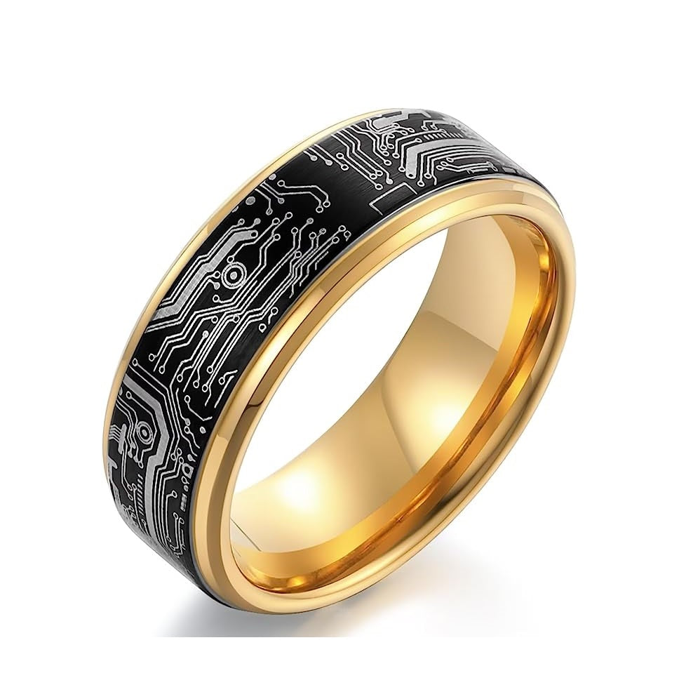 Genuine Carbide Tungsten Color: 8mm Computer Circuit Pattern Ring Black Gold inner high polished inner-face design smooth and shiny. Comfort Fit Wedding Band Size 6-15