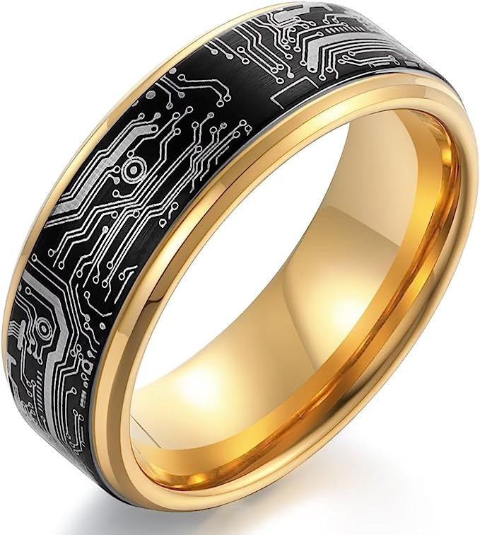 Genuine Carbide Tungsten Color: 8mm Computer Circuit Pattern Ring Black Gold inner high polished inner-face design smooth and shiny. Comfort Fit Wedding Band Size 6-15