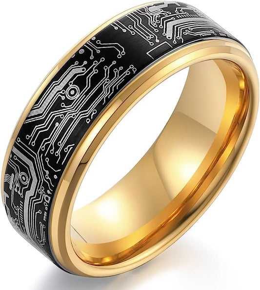 Genuine Carbide Tungsten Color: 8mm Computer Circuit Pattern Ring Black Gold inner high polished inner-face design smooth and shiny. Comfort Fit Wedding Band Size 6-15