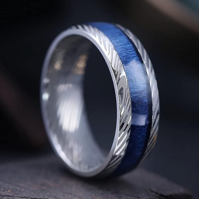 Genuine Titanium Silver 8mm Ring Titanium Rings Polish Comfort Fit Damascus texture, Special blue wood inlaid, unique and beautiful