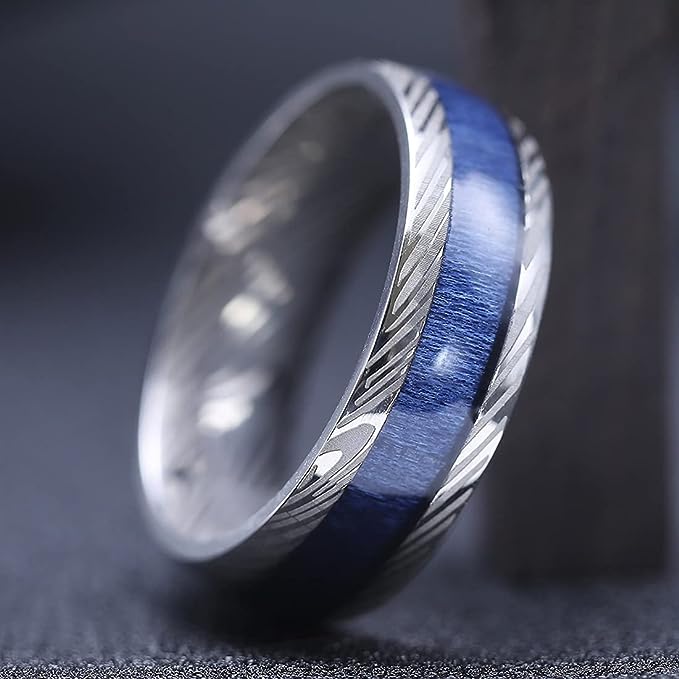 Genuine Titanium Silver 8mm Ring Titanium Rings Polish Comfort Fit Damascus texture, Special blue wood inlaid, unique and beautiful