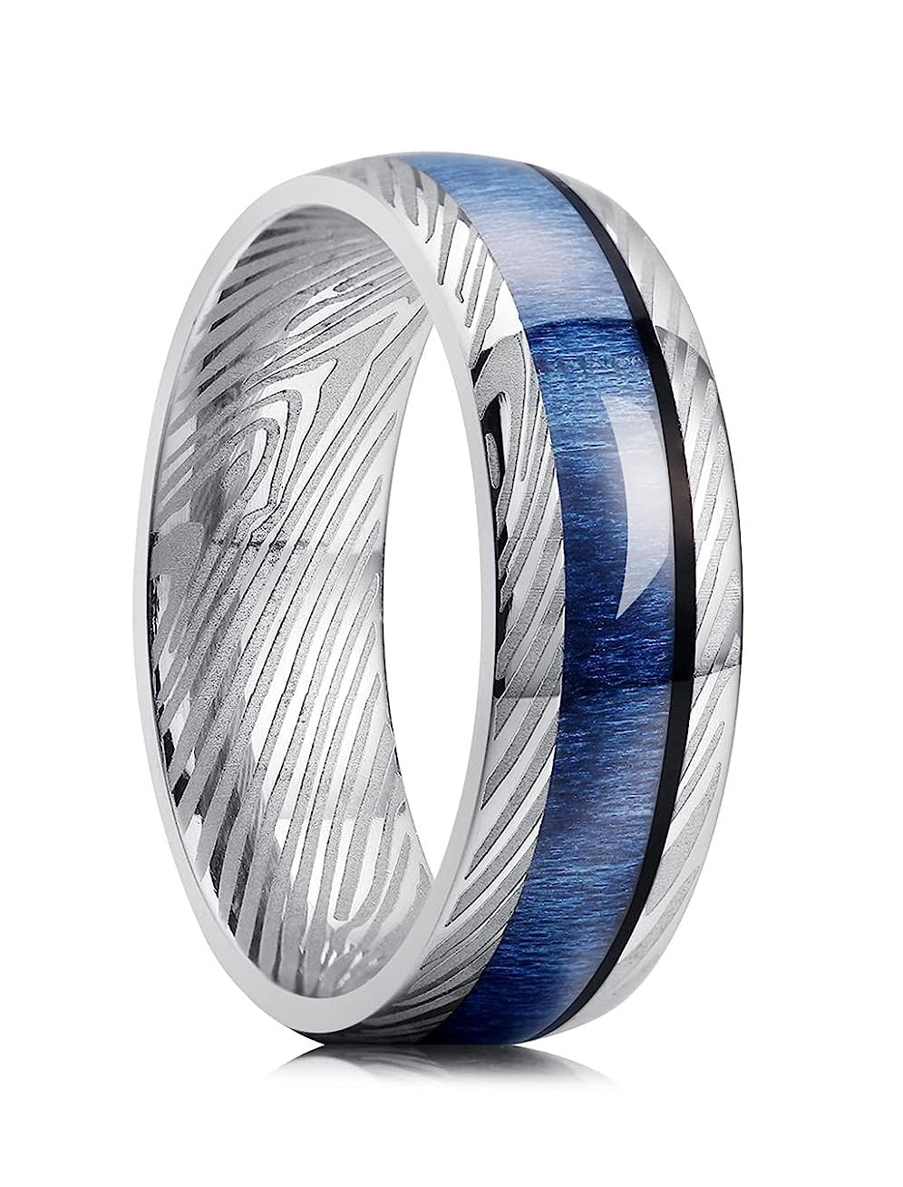 Genuine Titanium Silver 8mm Ring Titanium Rings Polish Comfort Fit Damascus texture, Special blue wood inlaid, unique and beautiful