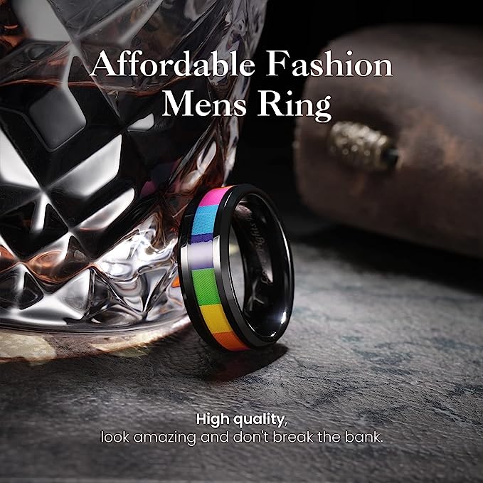 Genuine Carbide Tungsten Color: Rainbow Black Black 8mm RING  Inner high polished inner-face design smooth and shiny. Comfort Fit Wedding Band Size 6-15