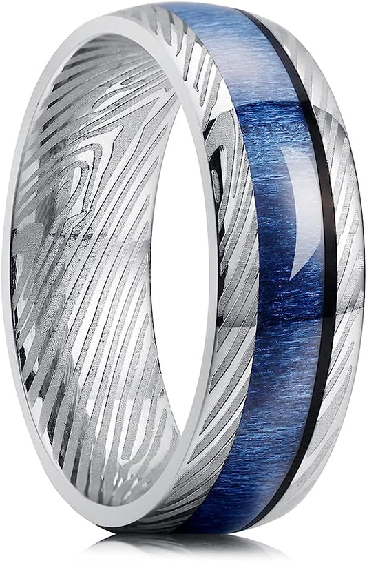 Genuine Titanium Silver 8mm Ring Titanium Rings Polish Comfort Fit Damascus texture, Special blue wood inlaid, unique and beautiful