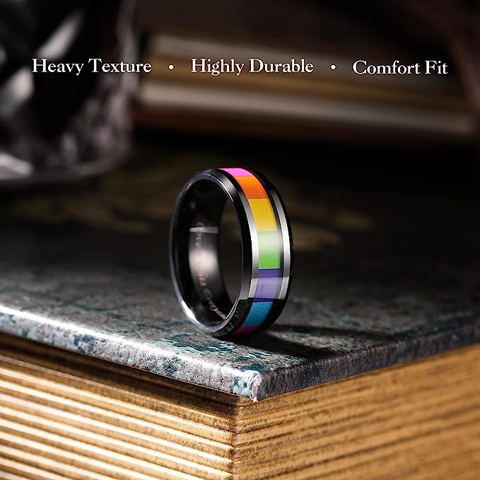 Genuine Carbide Tungsten Color: Rainbow Black Black 8mm RING  Inner high polished inner-face design smooth and shiny. Comfort Fit Wedding Band Size 6-15
