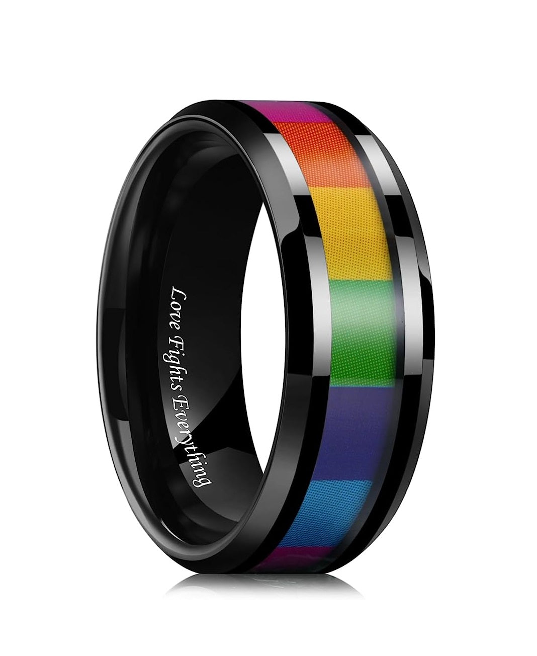 Genuine Carbide Tungsten Color: Rainbow Black Black 8mm RING  Inner high polished inner-face design smooth and shiny. Comfort Fit Wedding Band Size 6-15