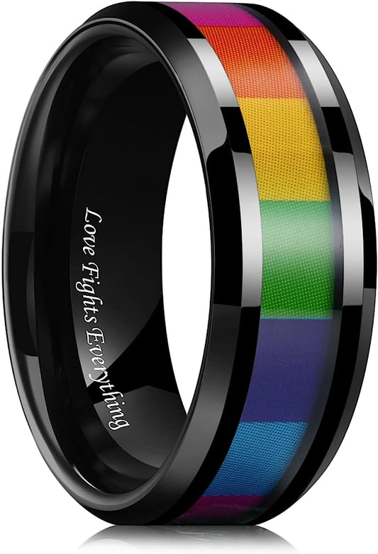 Genuine Carbide Tungsten Color: Rainbow Black Black 8mm RING  Inner high polished inner-face design smooth and shiny. Comfort Fit Wedding Band Size 6-15