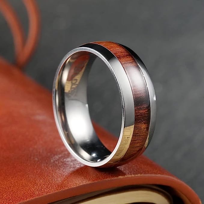 Genuine Titanium Silver 7mm Ring Center Inlaid Koa Wood Wedding Band  Hammered Wood Titanium Rings Polish Comfort Fit