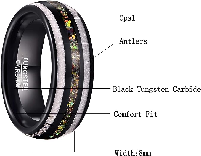 Genuine Carbide Tungsten Color: Black 8mm RING  Crushed Opal and Antlers Inner high polished inner-face design smooth and shiny. Comfort Fit Wedding Band Size 6-15