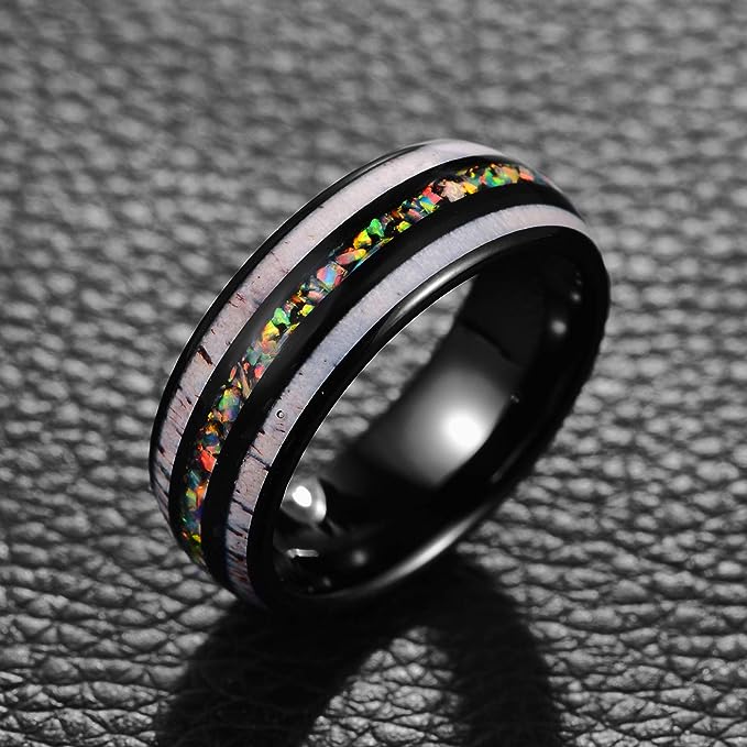 Genuine Carbide Tungsten Color: Black 8mm RING  Crushed Opal and Antlers Inner high polished inner-face design smooth and shiny. Comfort Fit Wedding Band Size 6-15