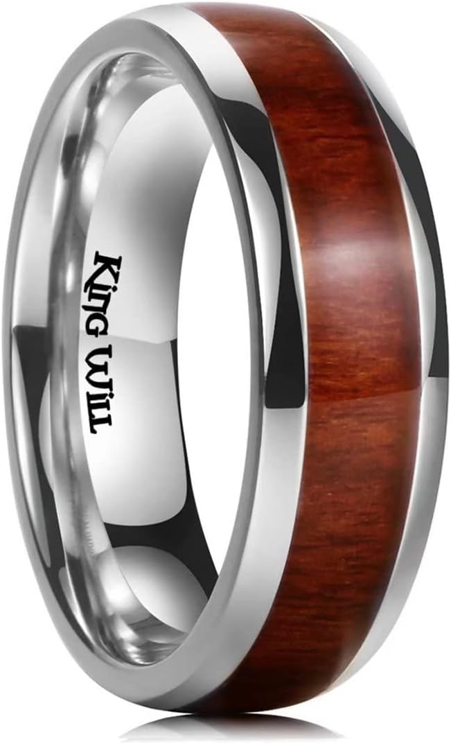 Genuine Titanium Silver 7mm Ring Center Inlaid Koa Wood Wedding Band  Hammered Wood Titanium Rings Polish Comfort Fit