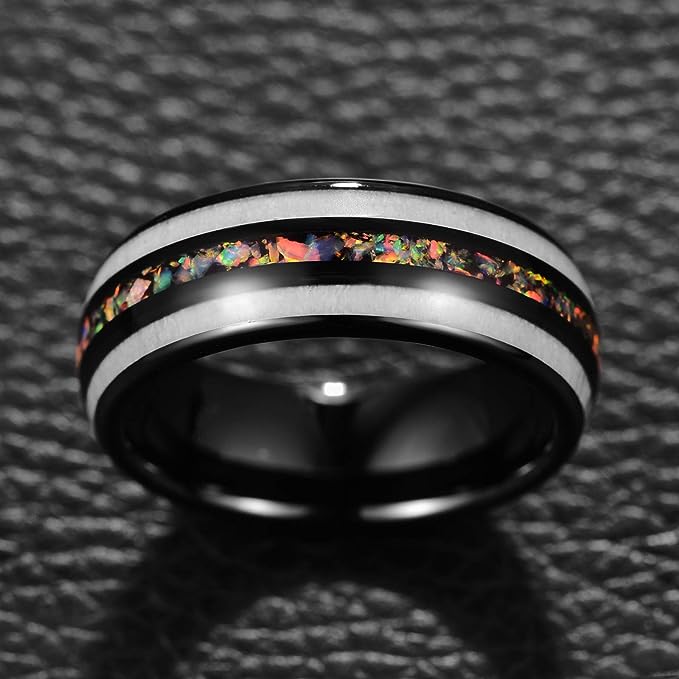 Genuine Carbide Tungsten Color: Black 8mm RING  Crushed Opal and Antlers Inner high polished inner-face design smooth and shiny. Comfort Fit Wedding Band Size 6-15