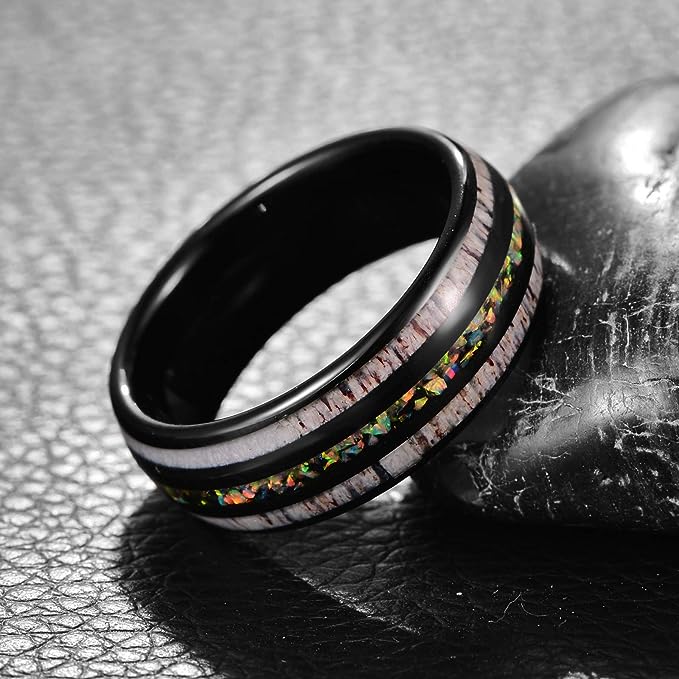 Genuine Carbide Tungsten Color: Black 8mm RING  Crushed Opal and Antlers Inner high polished inner-face design smooth and shiny. Comfort Fit Wedding Band Size 6-15