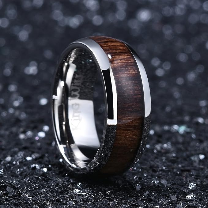 Genuine Titanium Silver 8mm Ring Center Inlaid Koa Wood Wedding Band  Hammered Wood Titanium Rings Polish Comfort Fit