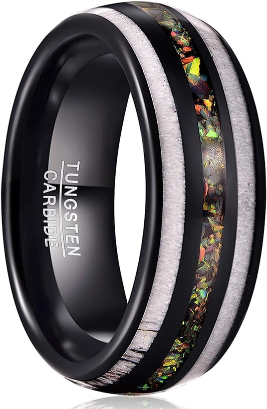 Genuine Carbide Tungsten Color: Black 8mm RING  Crushed Opal and Antlers Inner high polished inner-face design smooth and shiny. Comfort Fit Wedding Band Size 6-15