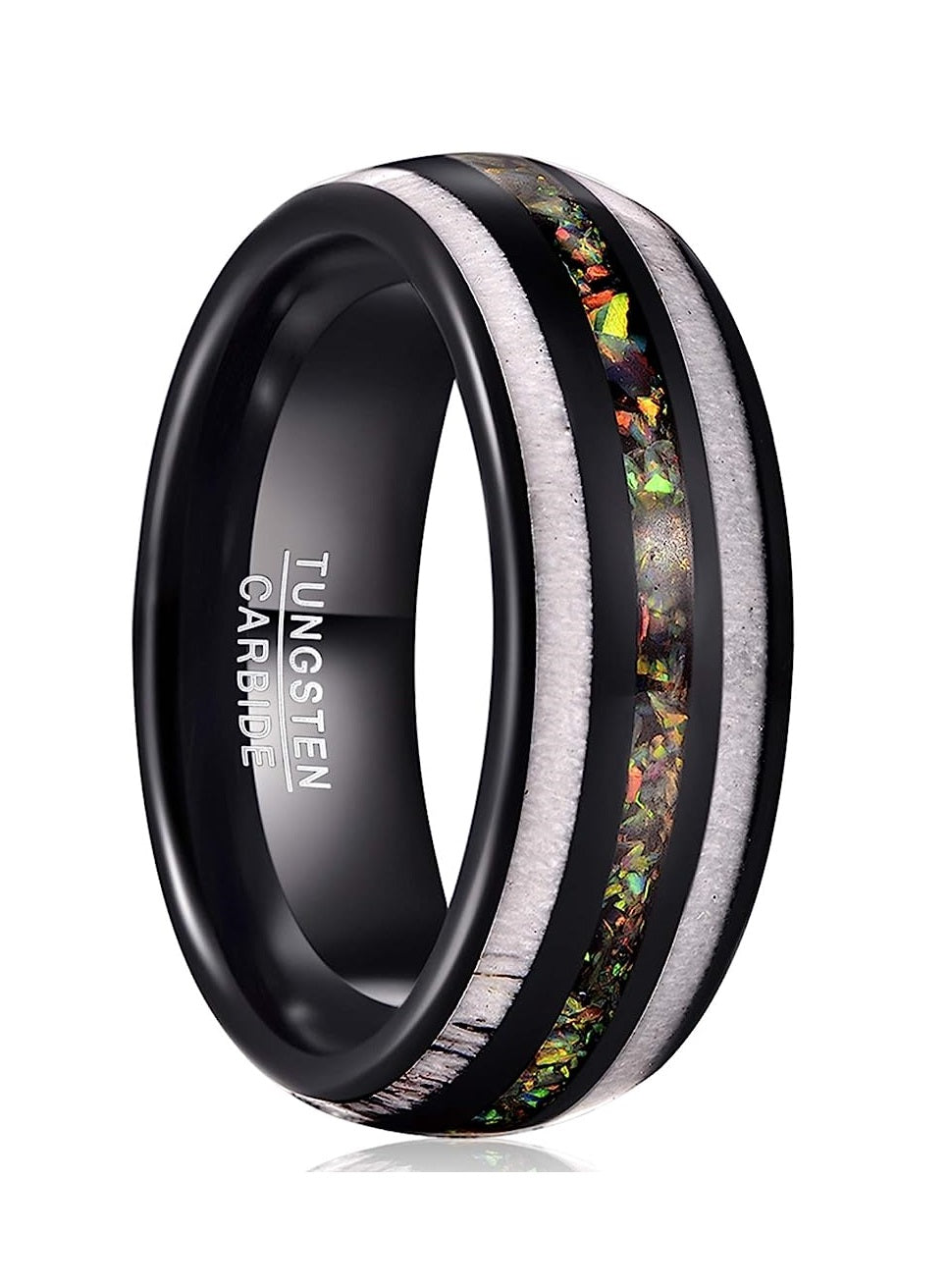 Genuine Carbide Tungsten Color: Black 8mm RING  Crushed Opal and Antlers Inner high polished inner-face design smooth and shiny. Comfort Fit Wedding Band Size 6-15