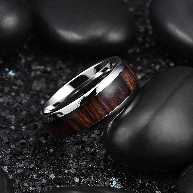 Genuine Titanium Silver 8mm Ring Center Inlaid Koa Wood Wedding Band  Hammered Wood Titanium Rings Polish Comfort Fit