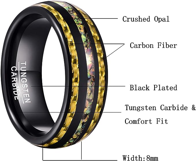 Genuine Carbide Tungsten Color: Black 8mm RING  Crushed Opal Carbon Fiber Inner high polished inner-face design smooth and shiny. Comfort Fit Wedding Band Size 6-15