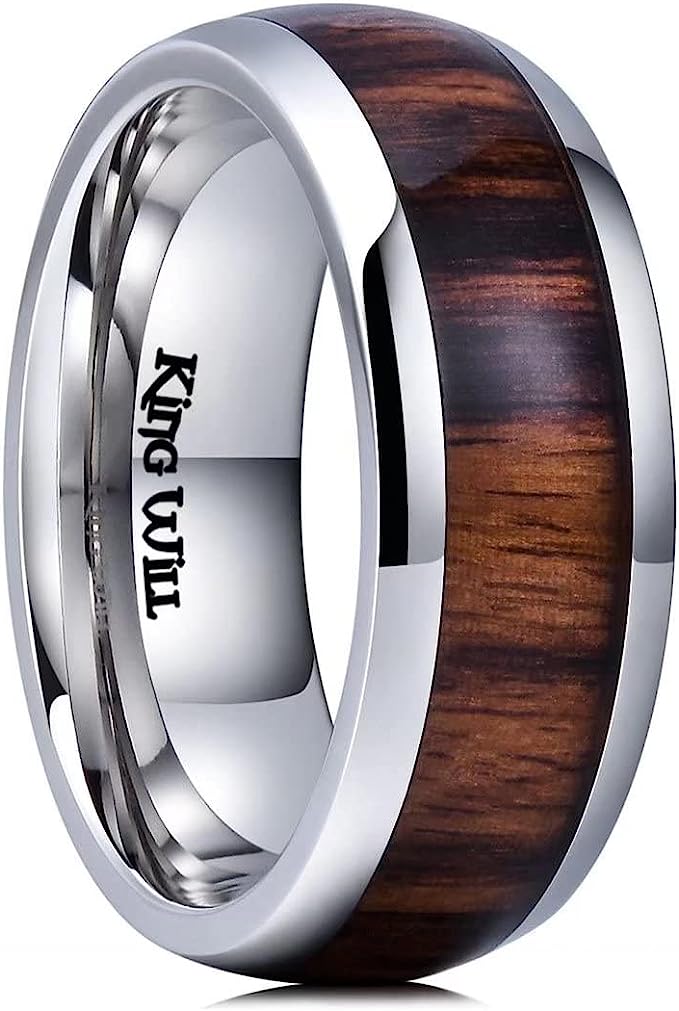 Genuine Titanium Silver 8mm Ring Center Inlaid Koa Wood Wedding Band  Hammered Wood Titanium Rings Polish Comfort Fit