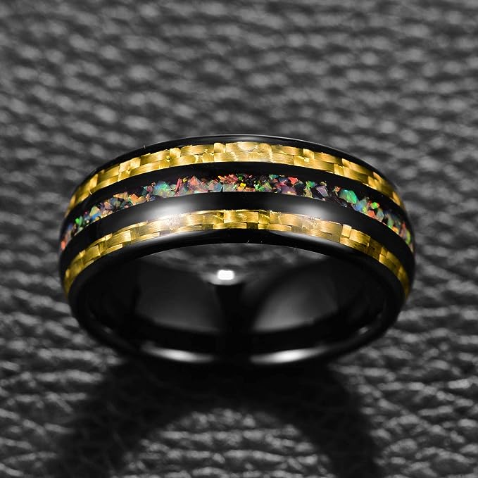 Genuine Carbide Tungsten Color: Black 8mm RING  Crushed Opal Carbon Fiber Inner high polished inner-face design smooth and shiny. Comfort Fit Wedding Band Size 6-15