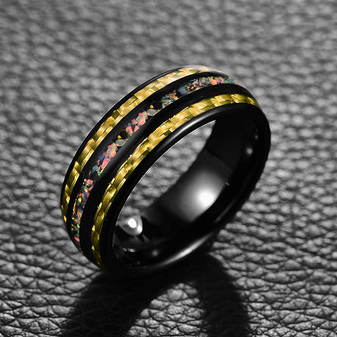 Genuine Carbide Tungsten Color: Black 8mm RING  Crushed Opal Carbon Fiber Inner high polished inner-face design smooth and shiny. Comfort Fit Wedding Band Size 6-15