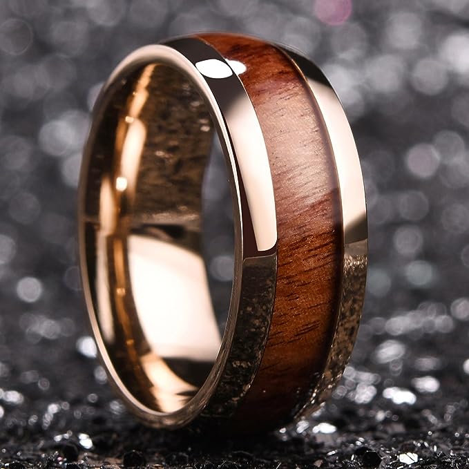 Genuine Titanium Rose Gold 8mm Ring Center Inlaid Koa Wood Wedding Band  Hammered Wood Titanium Rings Polish Comfort Fit