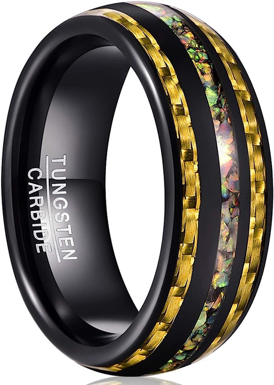 Genuine Carbide Tungsten Color: Black 8mm RING  Crushed Opal Carbon Fiber Inner high polished inner-face design smooth and shiny. Comfort Fit Wedding Band Size 6-15