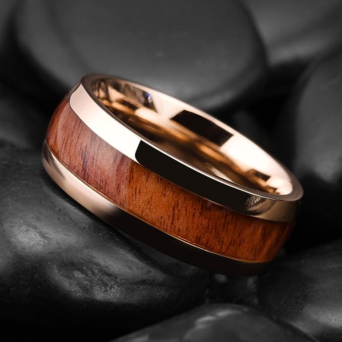 Genuine Titanium Rose Gold 8mm Ring Center Inlaid Koa Wood Wedding Band  Hammered Wood Titanium Rings Polish Comfort Fit