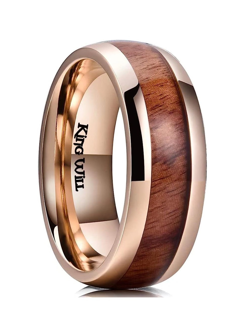 Genuine Titanium Rose Gold 8mm Ring Center Inlaid Koa Wood Wedding Band  Hammered Wood Titanium Rings Polish Comfort Fit