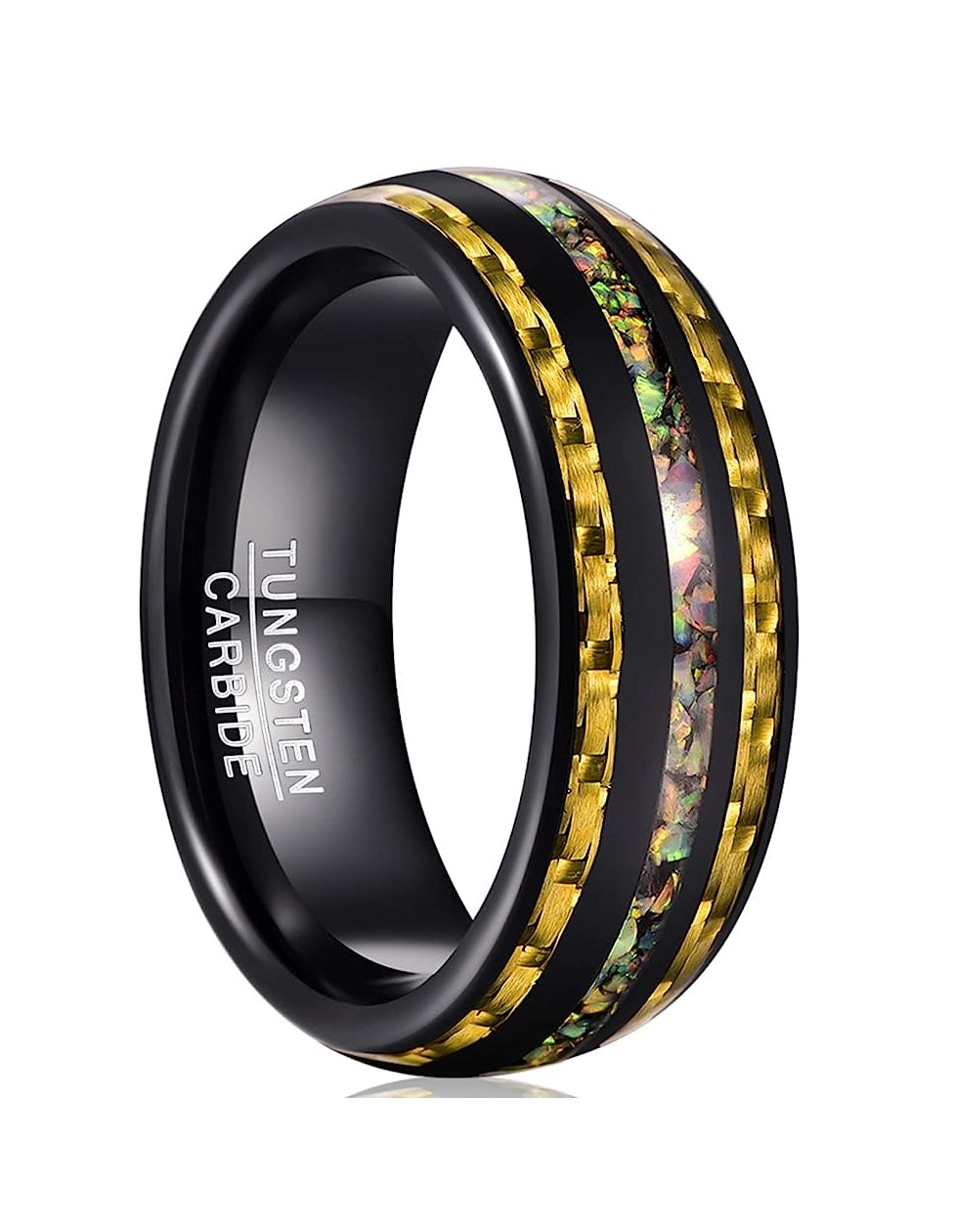 Genuine Carbide Tungsten Color: Black 8mm RING  Crushed Opal Carbon Fiber Inner high polished inner-face design smooth and shiny. Comfort Fit Wedding Band Size 6-15