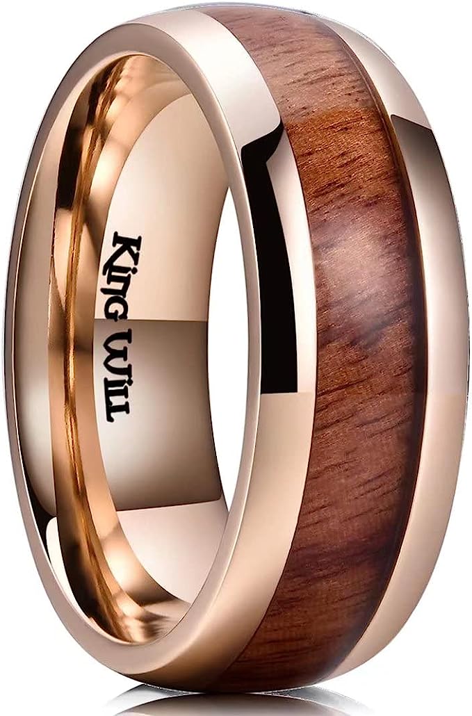 Genuine Titanium Rose Gold 8mm Ring Center Inlaid Koa Wood Wedding Band  Hammered Wood Titanium Rings Polish Comfort Fit