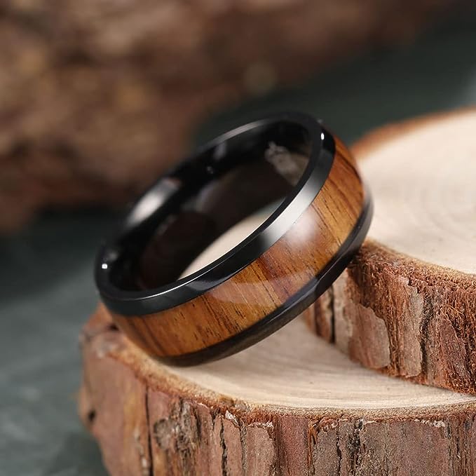 Genuine Titanium Black 8mm Ring Center Inlaid Rosewood Wedding Band  Hammered Wood Titanium Rings Polish Comfort Fit