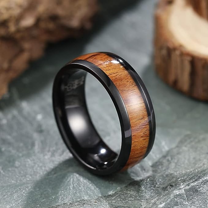 Genuine Titanium Black 8mm Ring Center Inlaid Rosewood Wedding Band  Hammered Wood Titanium Rings Polish Comfort Fit