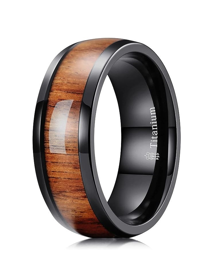 Genuine Titanium Black 8mm Ring Center Inlaid Rosewood Wedding Band  Hammered Wood Titanium Rings Polish Comfort Fit