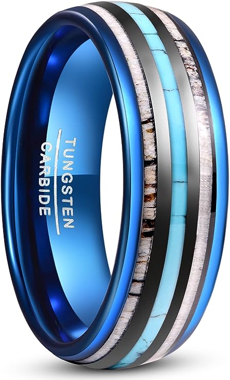 Genuine Carbide Tungsten Color: Gold 8mm RING  Antlers and Turquoise inlay Inner high polished inner-face design smooth and shiny. Comfort Fit Wedding Band Size 6-15