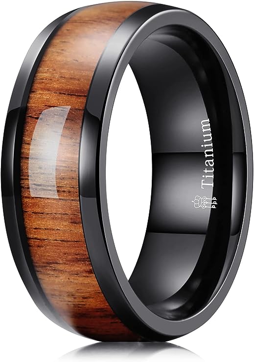 Genuine Titanium Black 8mm Ring Center Inlaid Rosewood Wedding Band  Hammered Wood Titanium Rings Polish Comfort Fit