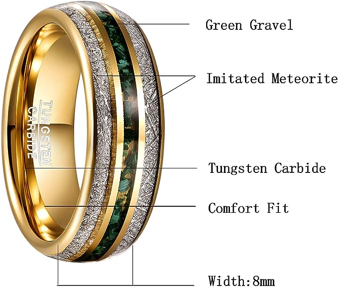 Genuine Carbide Tungsten Color: Gold 8mm RING  Green Gravel imitation Meteorite Inner high polished inner-face design smooth and shiny. Comfort Fit Wedding Band Size 6-15