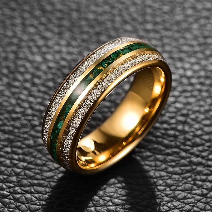 Genuine Carbide Tungsten Color: Gold 8mm RING  Green Gravel imitation Meteorite Inner high polished inner-face design smooth and shiny. Comfort Fit Wedding Band Size 6-15